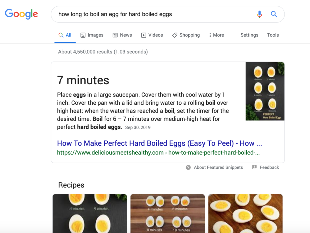 Screenshot of a Google search results page for how long to boil eggs, showing an answer at Position Zero